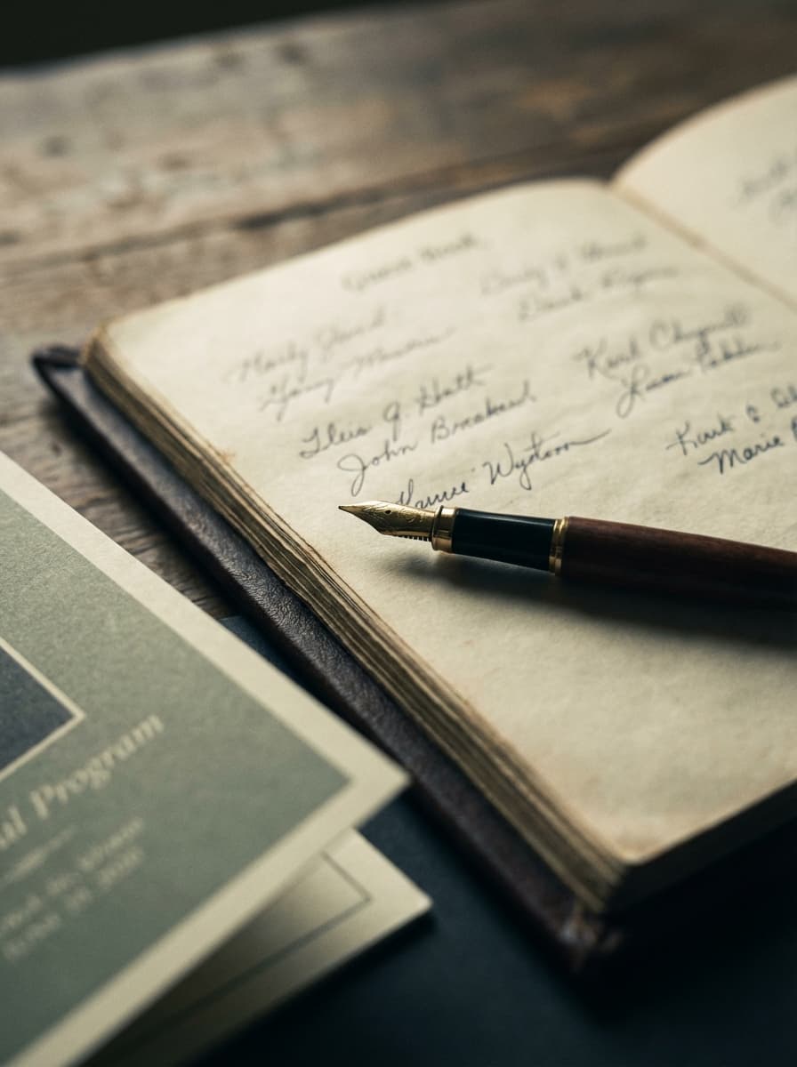 A fountain pen resting on an open guest book, with a memorial program nearby