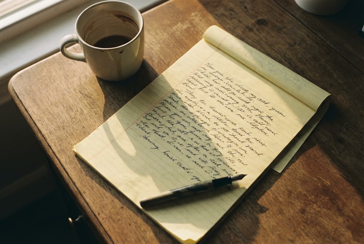 A yellow legal pad covered in handwritten notes, with a ceramic coffee cup and fountain pen, in warm afternoon light.