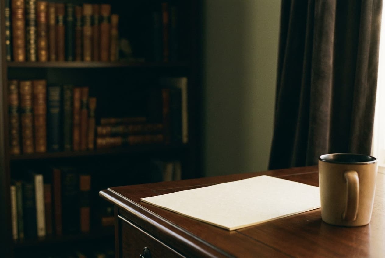An empty director's desk with a single sheet of paper and a ceramic mug, a bookshelf of leather-bound volumes softly out of focus behind.